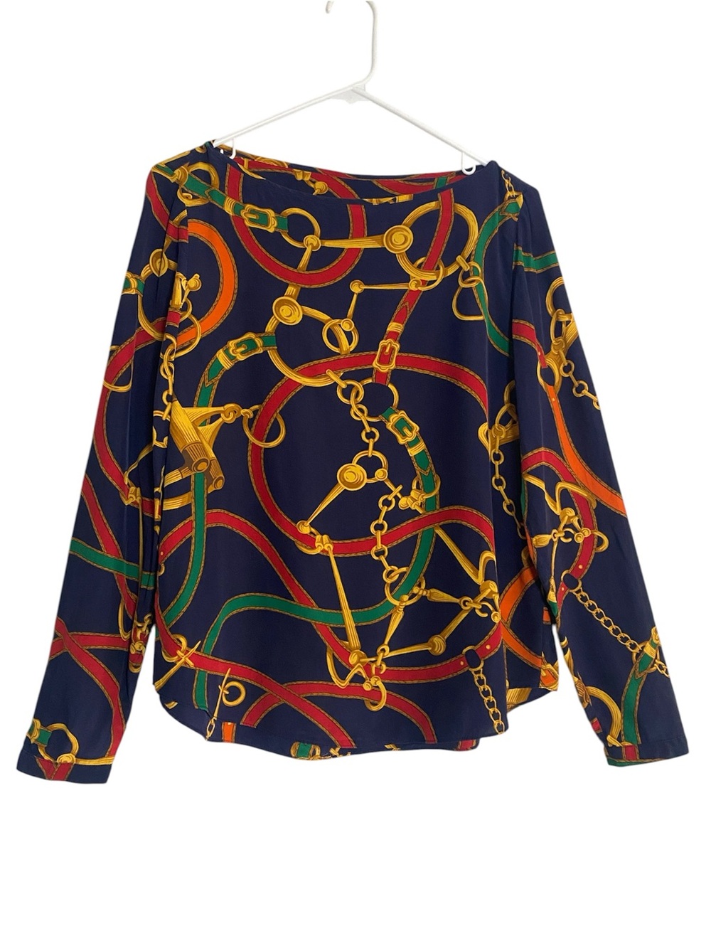 Lauren Ralph Lauren Silk Equestrian Shirt Womens 8 Blue Horse Bridle Long Sleeve